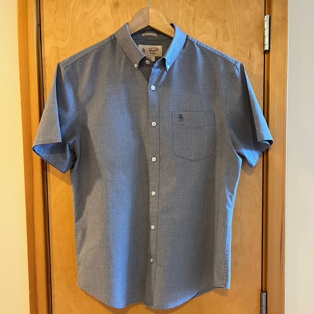 👕 Original Penguin Blue Textured Short Sleeve Button-Up – Size L (Slim Fit)